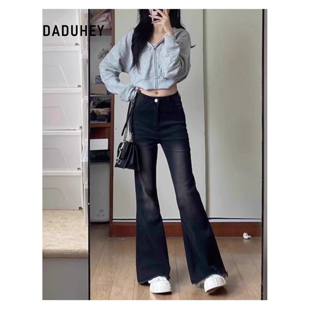 DADUHEY Black Grey High-Waist Wide-Leg Mop Jeans Women | Retro Loose Fit