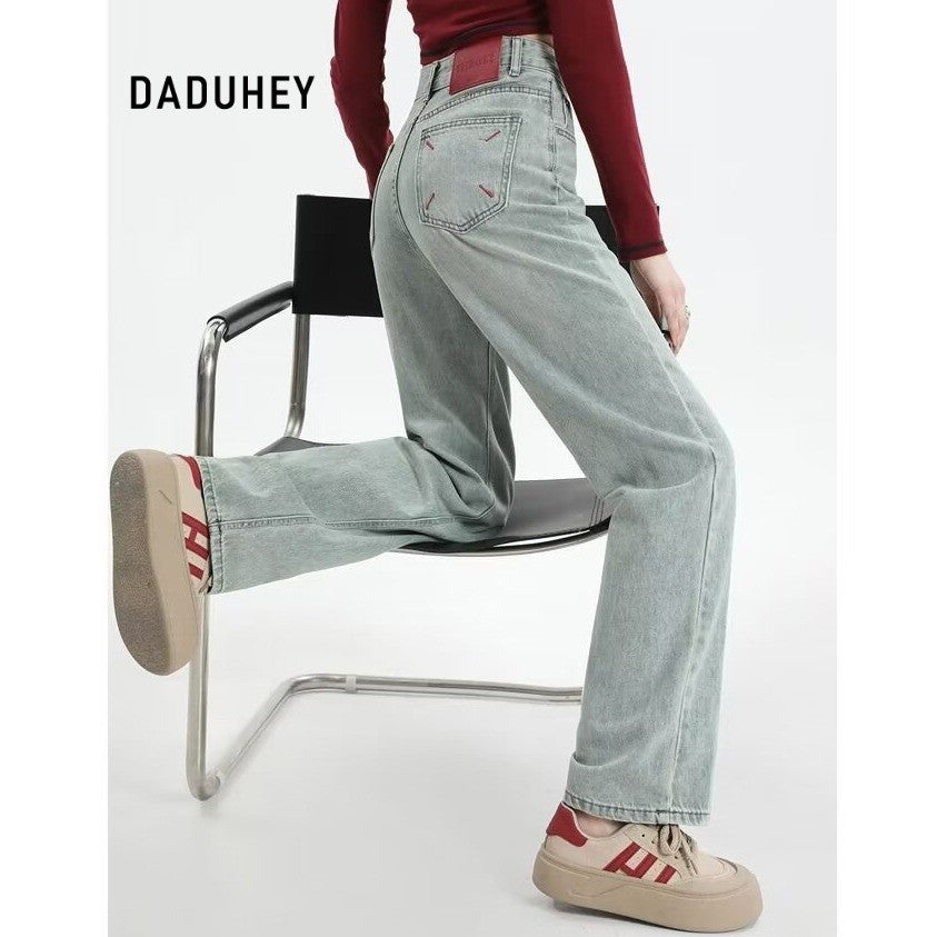 DaDuHey DaDuHey Embroidery Contrast Color Design Sense High Waist Hip Lift Slimming and Straight Loose Jeans for Women