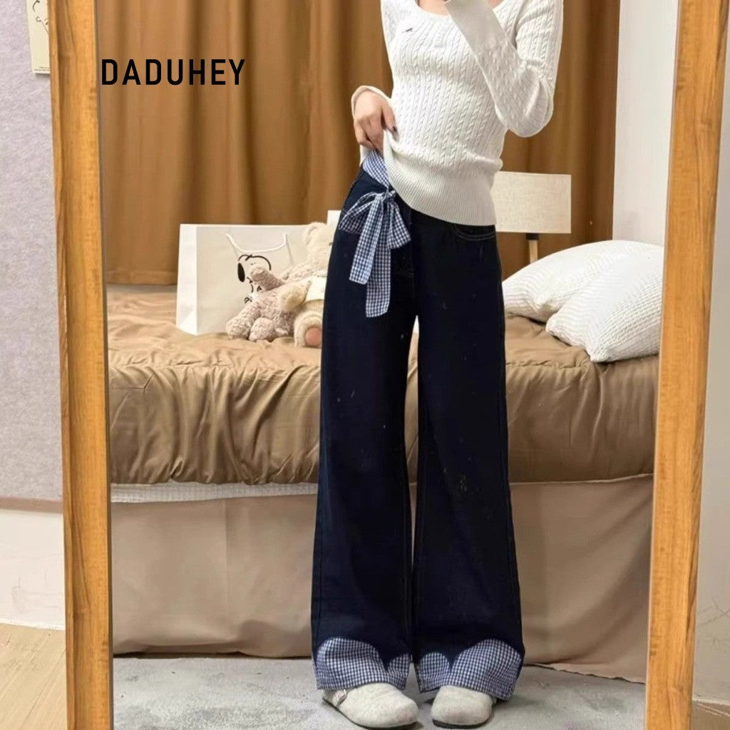 DaDuHey Palazzo JEANS Women Tali Busur Retro Rasa Reka Bentuk Lurus Flared Jeans High Waist