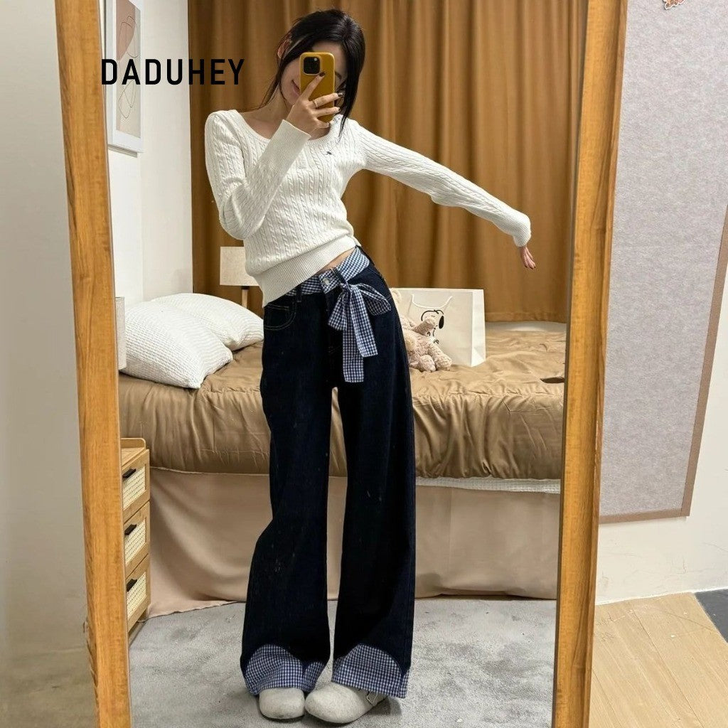 DaDuHey Palazzo JEANS Women Tali Busur Retro Rasa Reka Bentuk Lurus Flared Jeans High Waist
