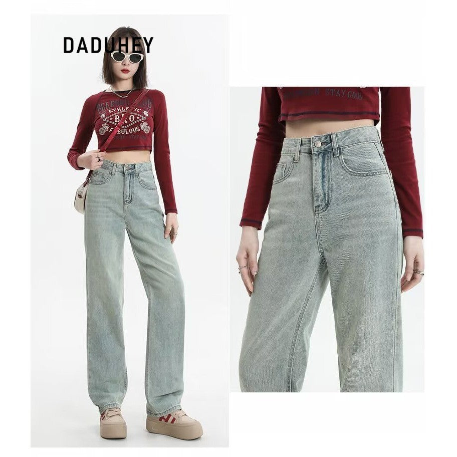 DaDuHey DaDuHey Embroidery Contrast Color Design Sense High Waist Hip Lift Slimming and Straight Loose Jeans for Women