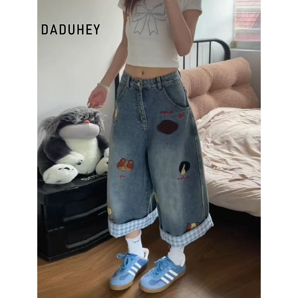 DADUHEY Plaid Trim Wide-Leg Cropped Jeans Women | Korean Loose
