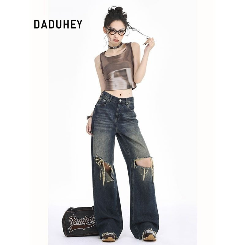 DADUHEY Blue Ultra-Thin Wide-Leg Jeans Women | Ripped Slimming Denim