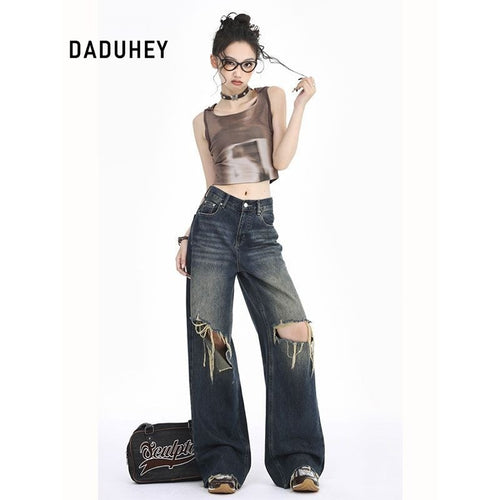 DADUHEY Blue Ultra-Thin Wide-Leg Jeans Women | Ripped Slimming Denim