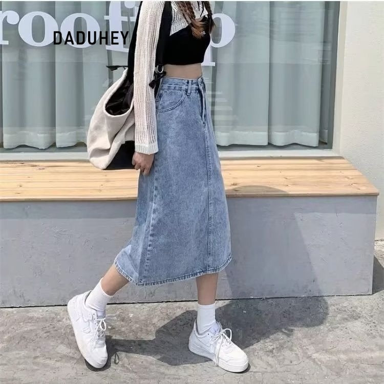 DADUHEY High-Waist Denim Skirt Women | Split Mid-Length Sheath