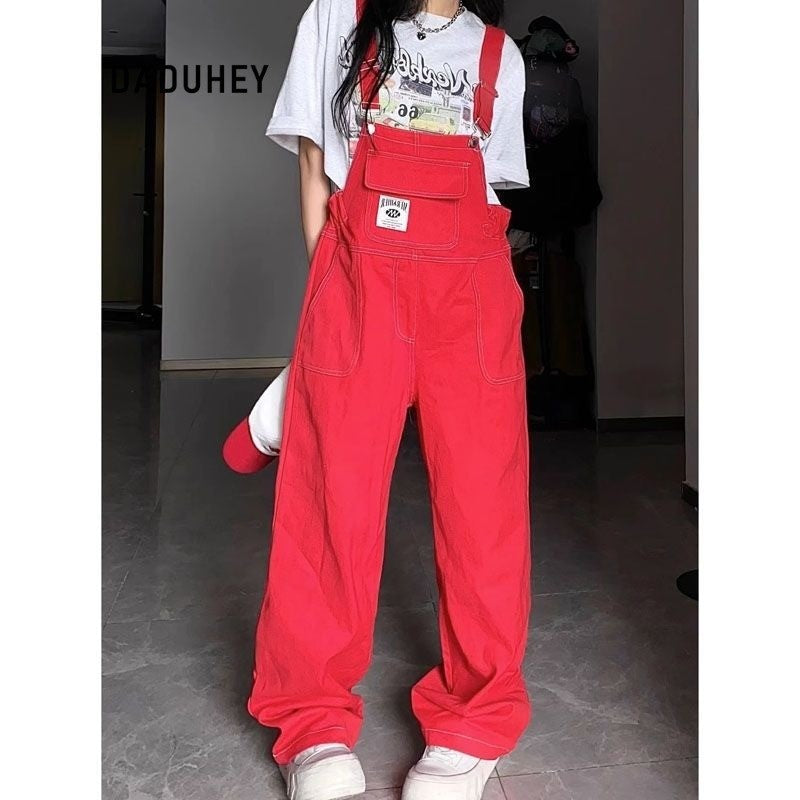 DaDuHey American Retro Red Jeans Denim Suspender Pants Wide Leg New Summer High Waist Loose Straight Slimming Trousers