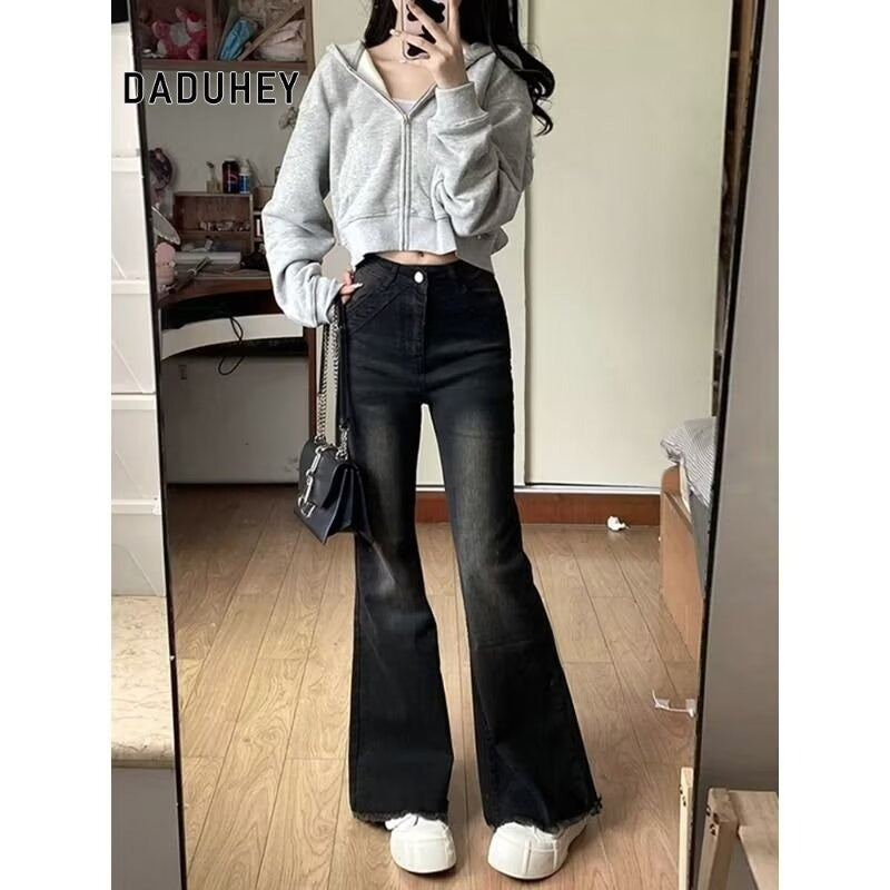 DADUHEY Black Grey High-Waist Wide-Leg Mop Jeans Women | Retro Loose Fit