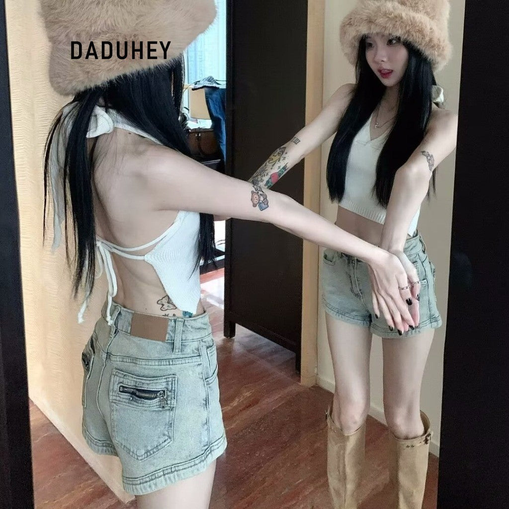 DADUHEY Ruffle Denim Shorts Women | High-Waist Slim-Fit