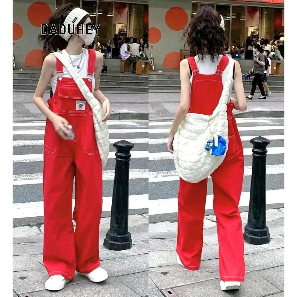 DaDuHey American Retro Red Jeans Denim Suspender Pants Wide Leg New Summer High Waist Loose Straight Slimming Trousers