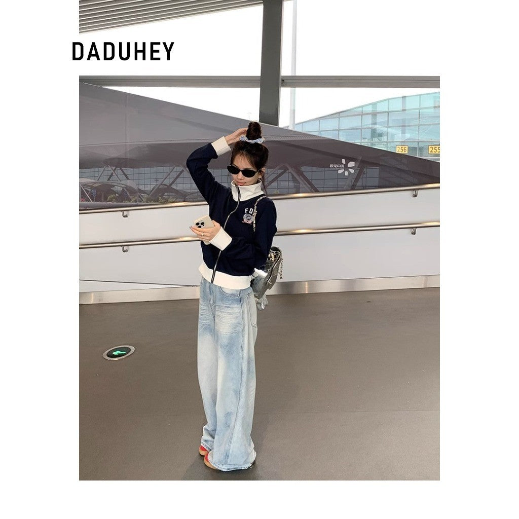 DADUHEY Blue Distressed Wide-Leg Jeans Women | Crack Denim Mop Pants