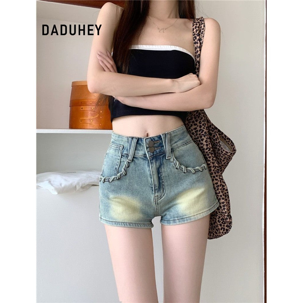 DADUHEY High-Waist Slim Fit Distressed Denim Shorts | Woven Pocket