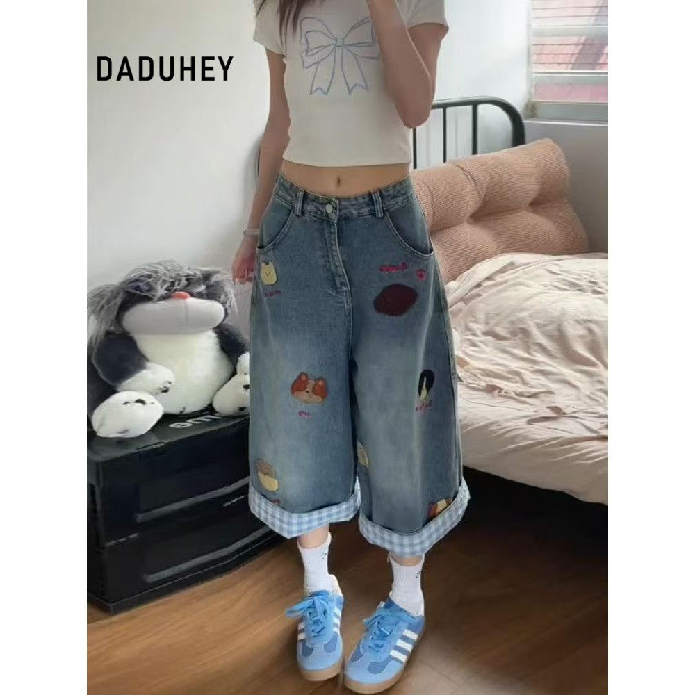 DADUHEY Plaid Trim Wide-Leg Cropped Jeans Women | Korean Loose
