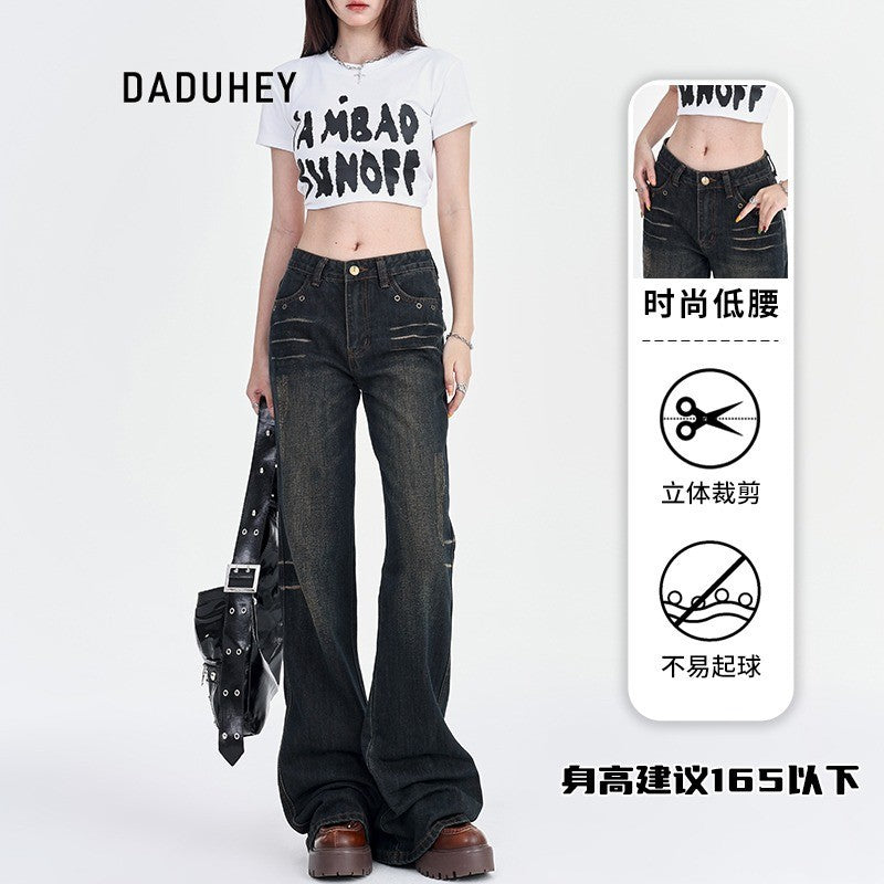 DaDuHey Summer New Retro Low Waist Loose Pear Shapes Straight Skinny Jeans for Women