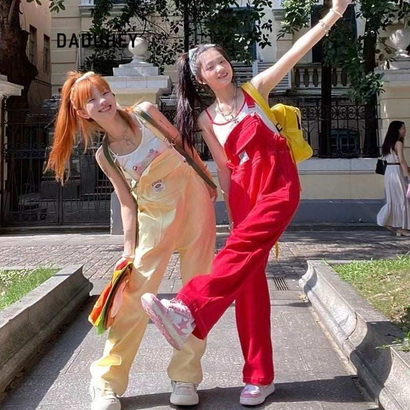 DaDuHey American Retro Red Jeans Denim Suspender Pants Wide Leg New Summer High Waist Loose Straight Slimming Trousers