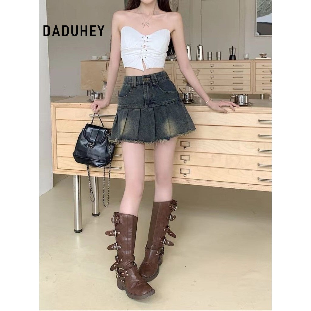 DADUHEY Blue Raw-Edge Denim Pleated Skirt Women | High-Waist A-Line