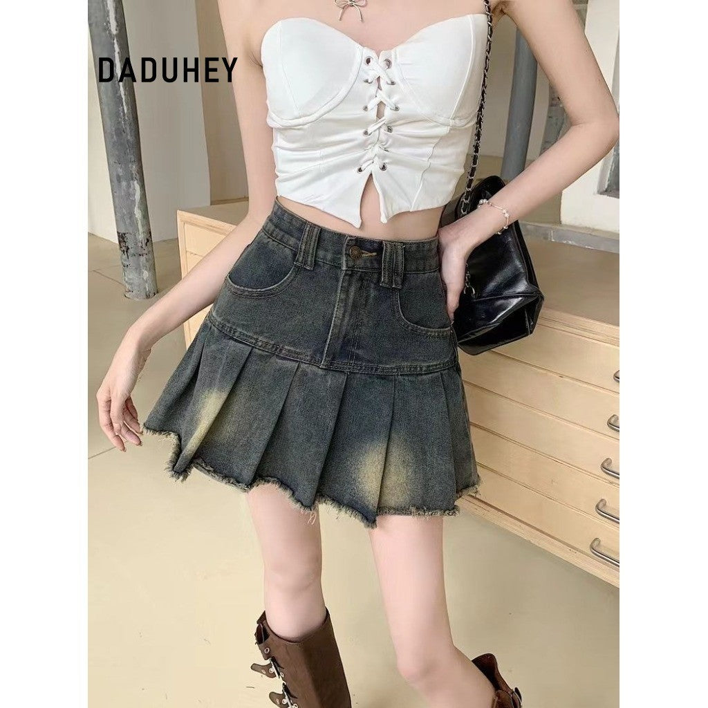 DADUHEY Blue Raw-Edge Denim Pleated Skirt Women | High-Waist A-Line