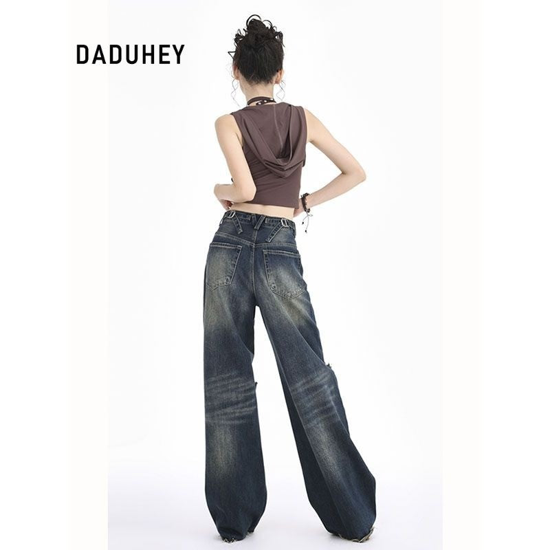 DADUHEY Blue Ultra-Thin Wide-Leg Jeans Women | Ripped Slimming Denim