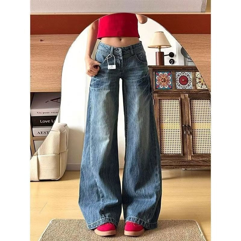 DaDuHey Straight Jeans Women's American Retro Hot Girl Low Waist Wide Leg High Slimming Mop Trousers