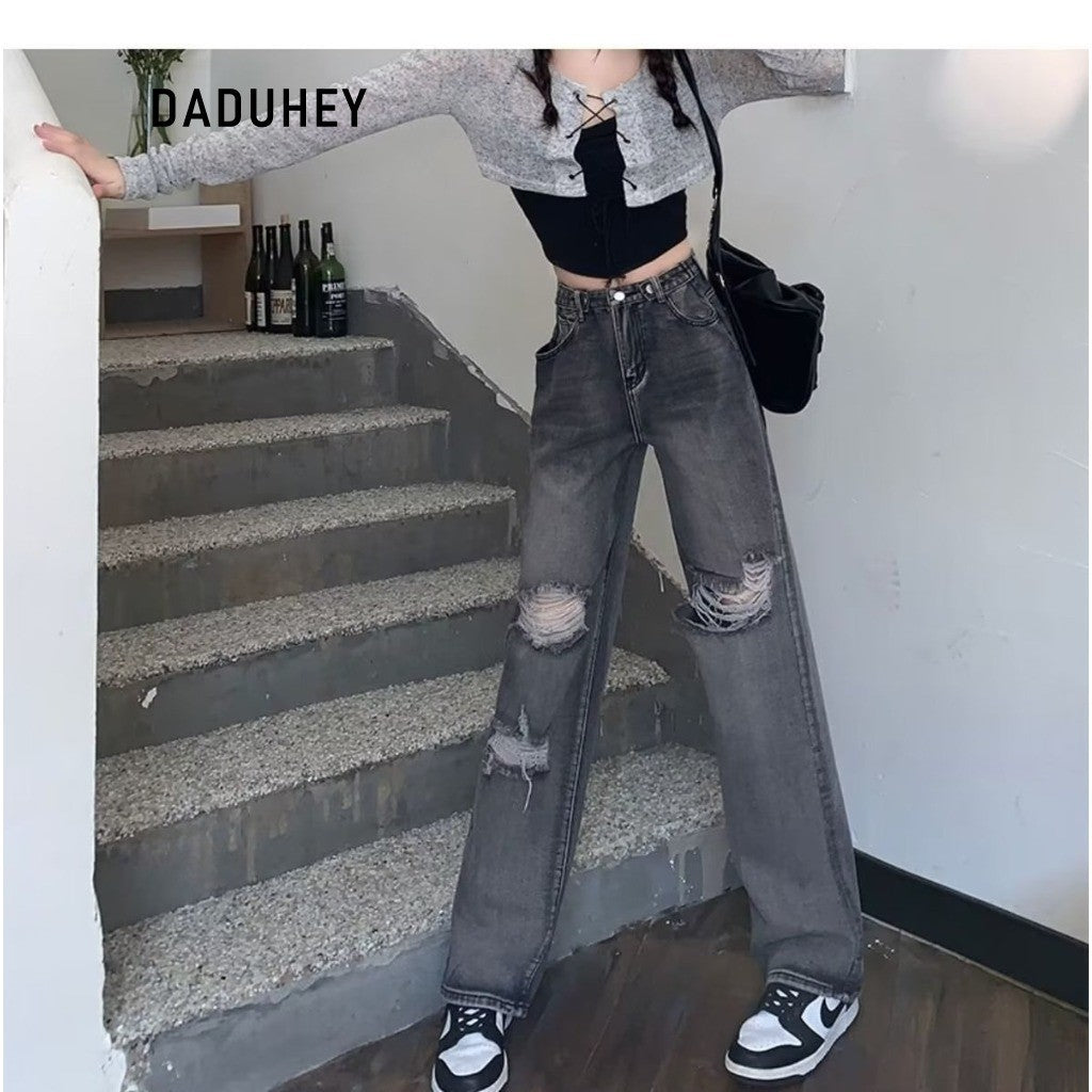 DADUHEY Hip-Hop Ripped Wide-Leg Jeans Women | High-Waist Style
