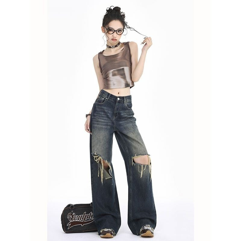 DADUHEY Blue Ultra-Thin Wide-Leg Jeans Women | Ripped Slimming Denim