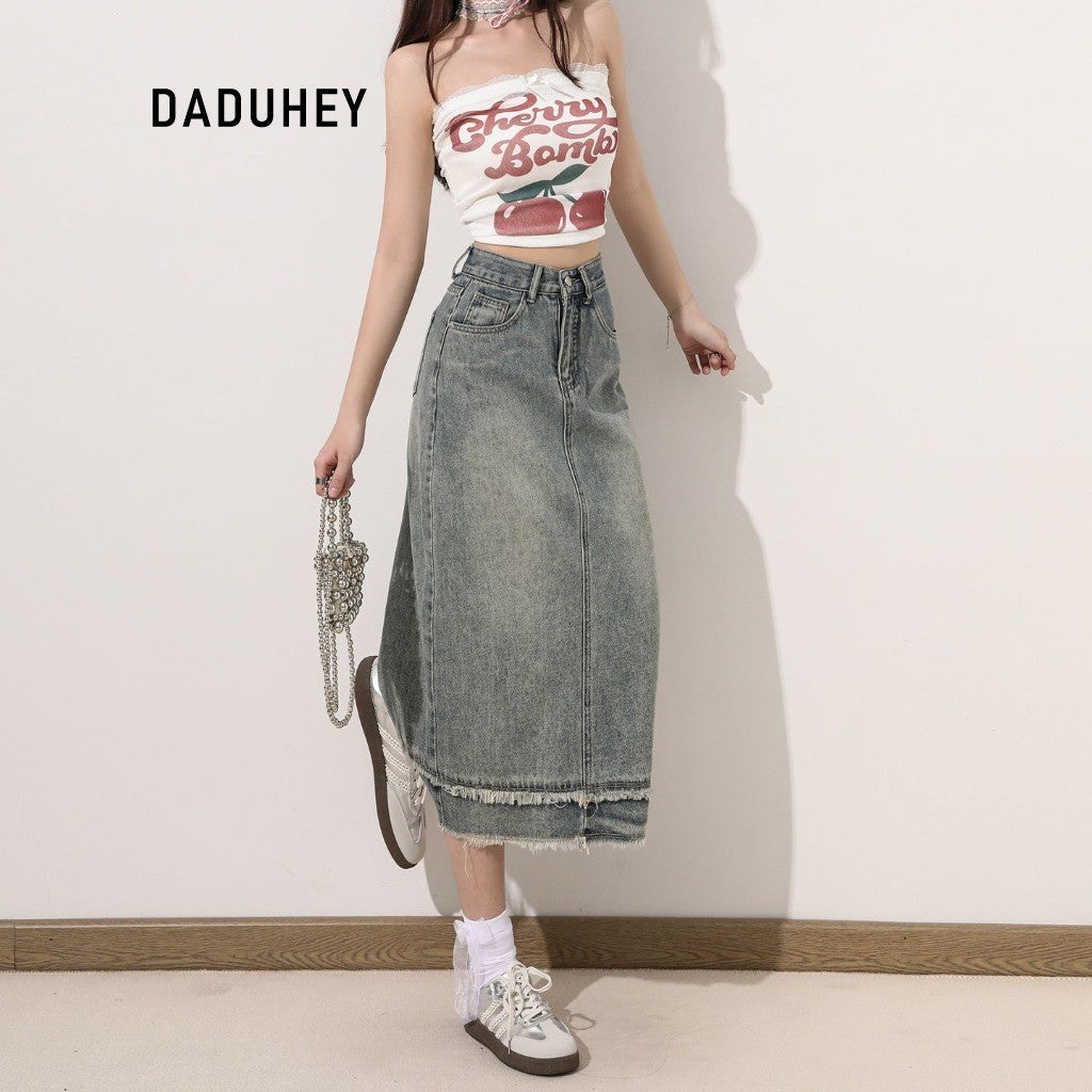 DaDuHey DaDuHey Women's Denim Skirt with High Waist A- line Sheath Covering Slimming Patchwork Frayed Hem Split
