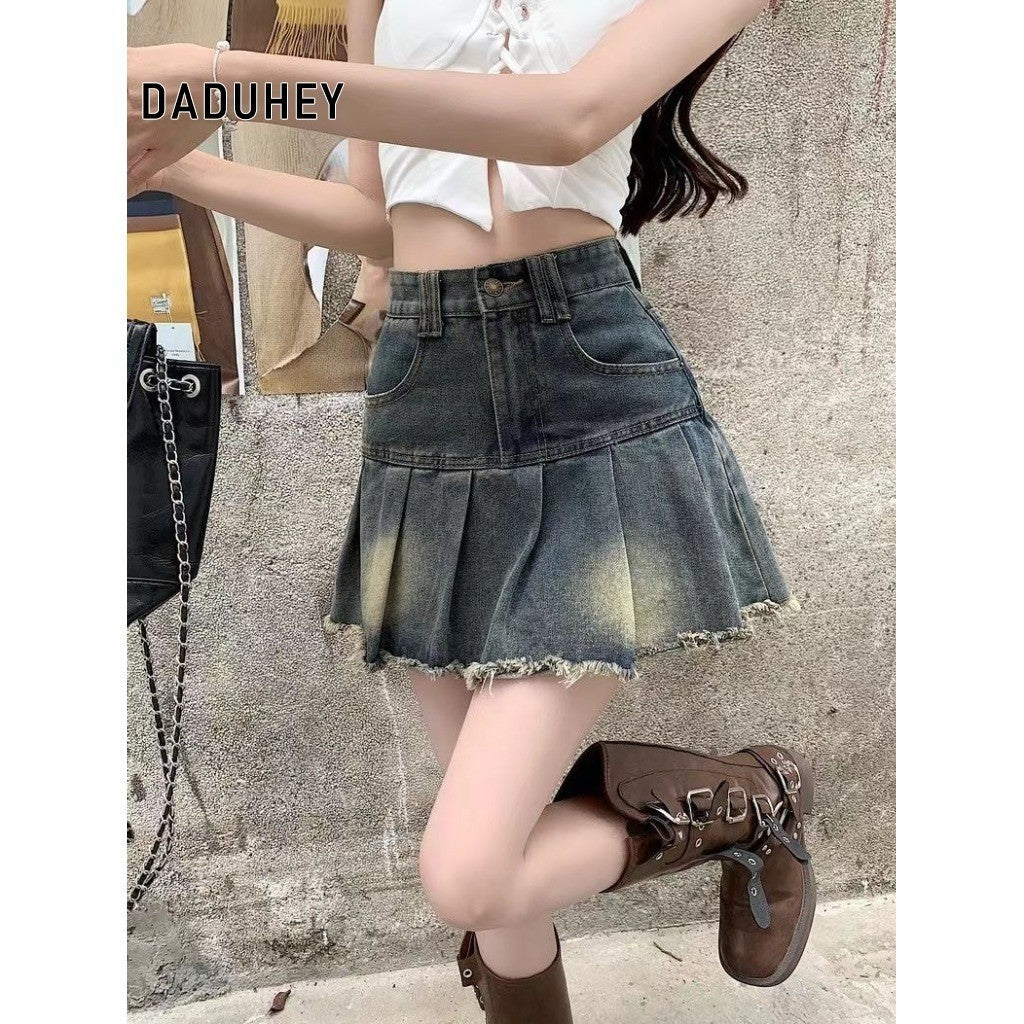 DADUHEY Blue Raw-Edge Denim Pleated Skirt Women | High-Waist A-Line