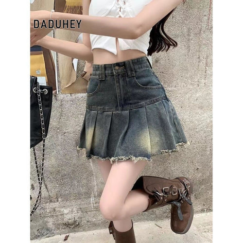 DADUHEY Blue Raw-Edge Denim Pleated Skirt Women | High-Waist A-Line
