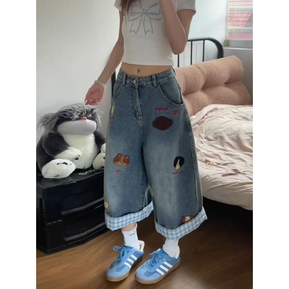 DADUHEY Plaid Trim Wide-Leg Cropped Jeans Women | Korean Loose