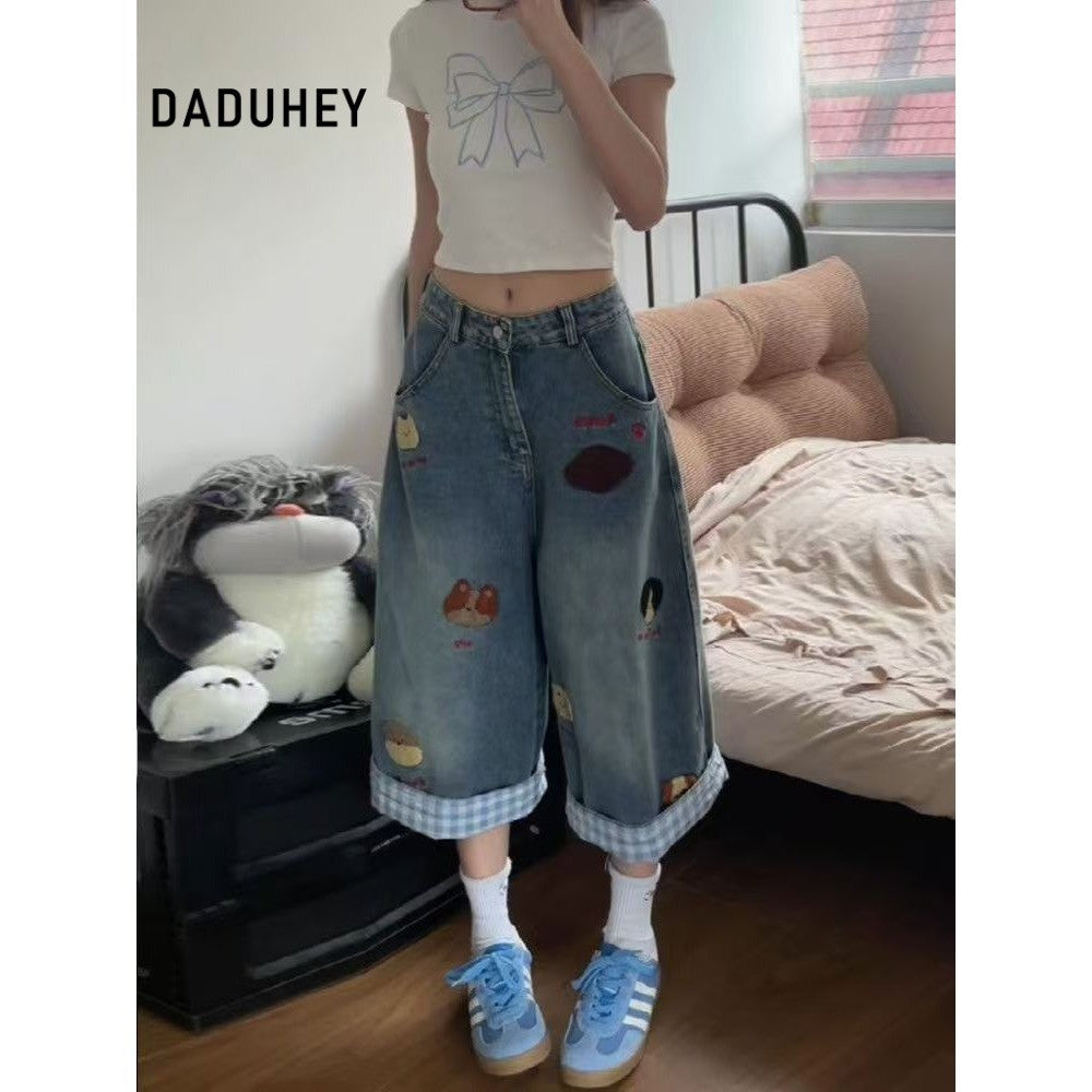 DADUHEY Plaid Trim Wide-Leg Cropped Jeans Women | Korean Loose
