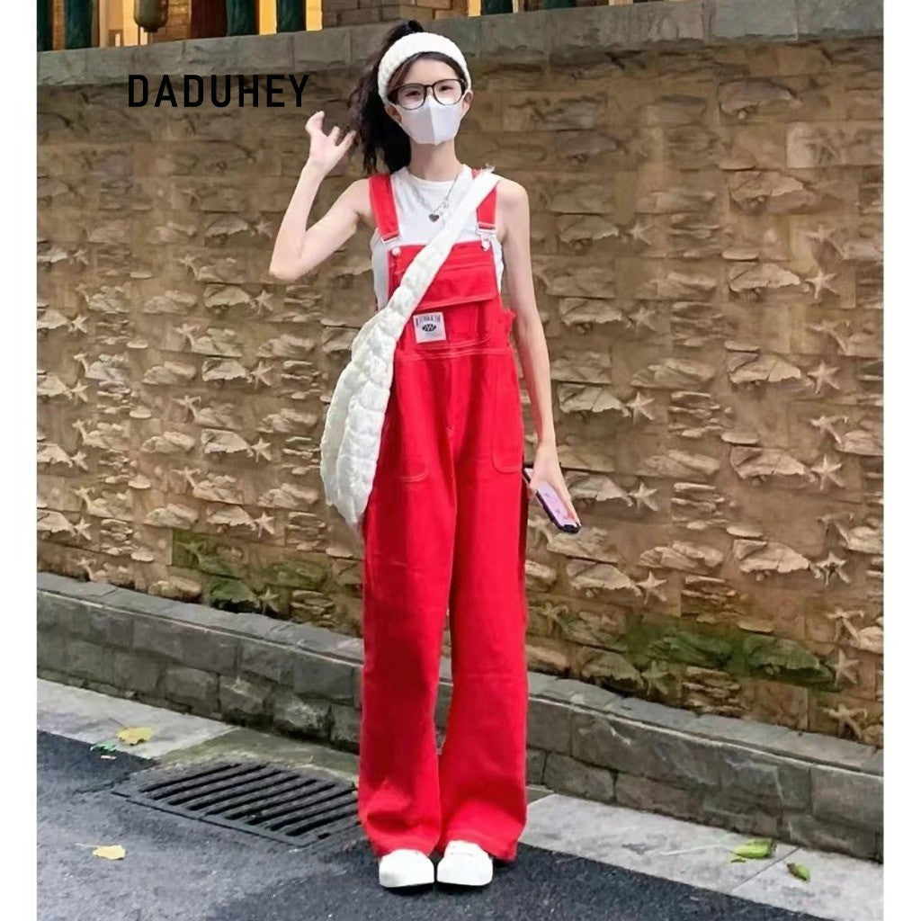 DaDuHey American Retro Red Jeans Denim Suspender Pants Wide Leg New Summer High Waist Loose Straight Slimming Trousers