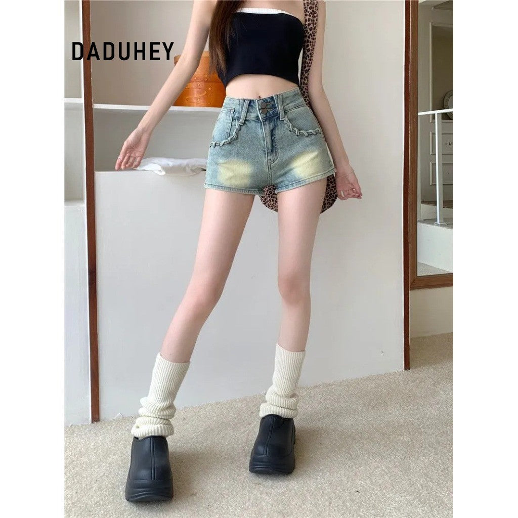DADUHEY High-Waist Slim Fit Distressed Denim Shorts | Woven Pocket