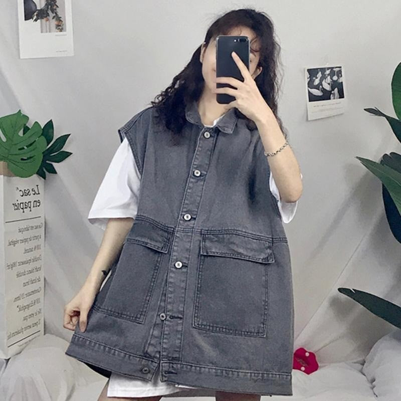 DaDuHey DaDuHey Retro V-neck Loose All-Matching Western Style Workwear Outer Wear Sleeveless Denim Vest Women