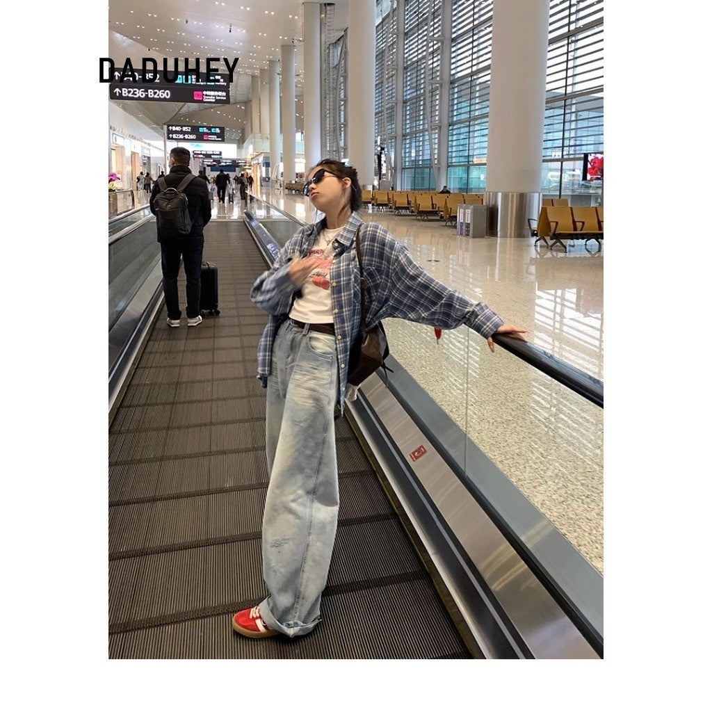 DADUHEY Blue Distressed Wide-Leg Jeans Women | Crack Denim Mop Pants