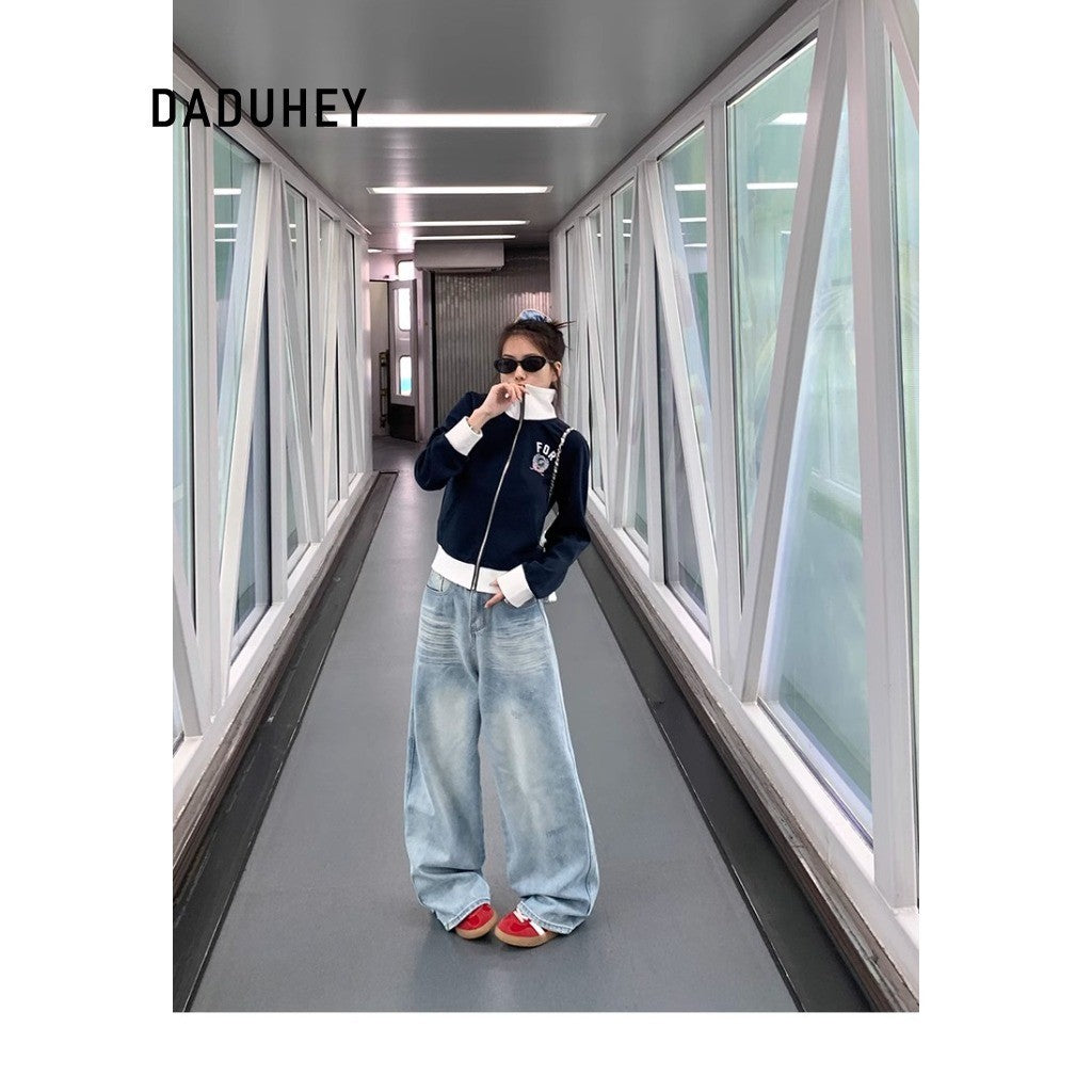 DADUHEY Blue Distressed Wide-Leg Jeans Women | Crack Denim Mop Pants