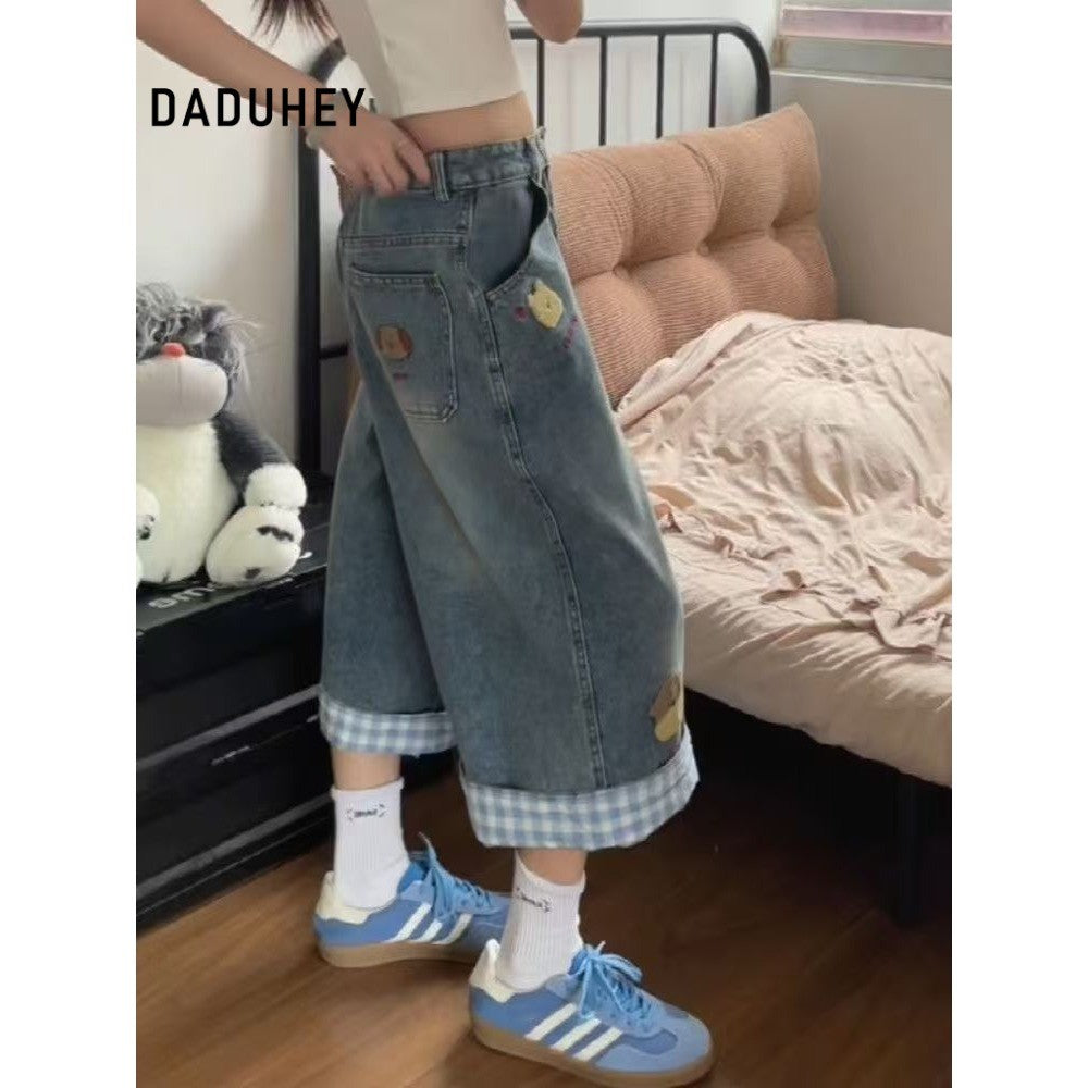 DADUHEY Plaid Trim Wide-Leg Cropped Jeans Women | Korean Loose