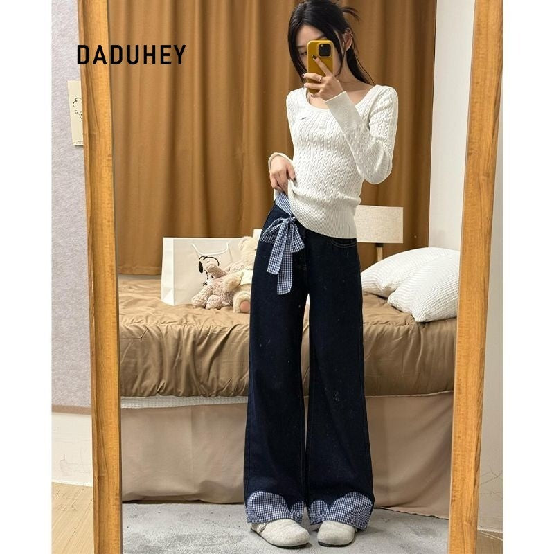 DaDuHey Palazzo JEANS Women Tali Busur Retro Rasa Reka Bentuk Lurus Flared Jeans High Waist