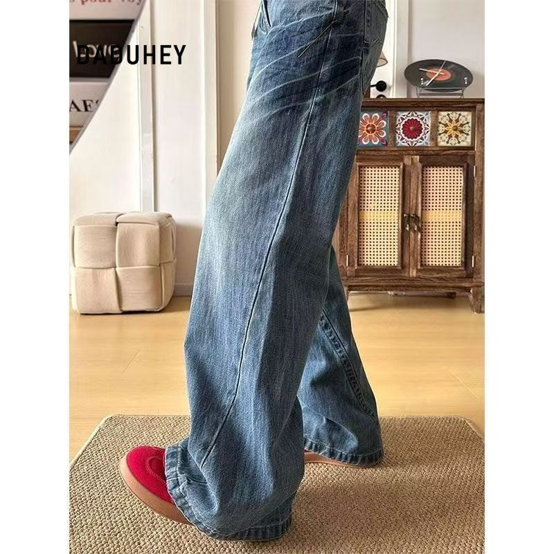 DaDuHey Straight Jeans Women's American Retro Hot Girl Low Waist Wide Leg High Slimming Mop Trousers