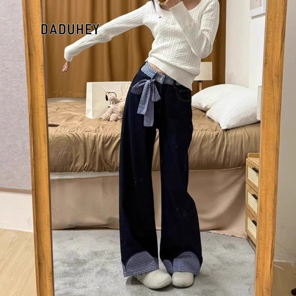 DaDuHey Palazzo JEANS Women Tali Busur Retro Rasa Reka Bentuk Lurus Flared Jeans High Waist