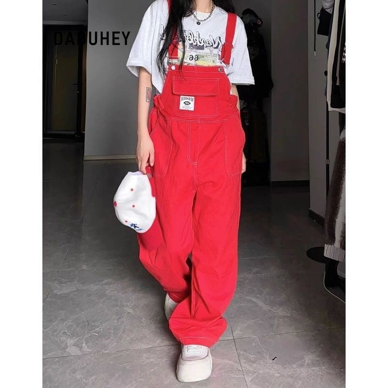 DaDuHey American Retro Red Jeans Denim Suspender Pants Wide Leg New Summer High Waist Loose Straight Slimming Trousers