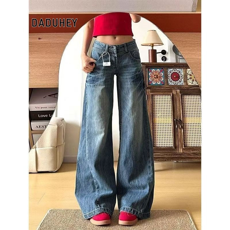 DaDuHey Straight Jeans Women's American Retro Hot Girl Low Waist Wide Leg High Slimming Mop Trousers