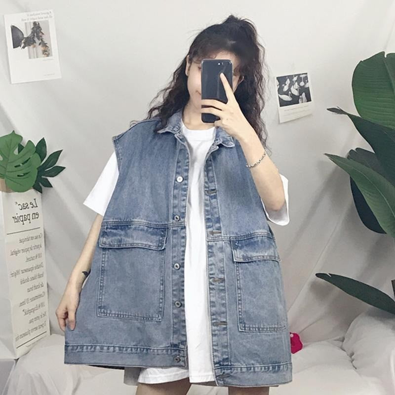 DaDuHey DaDuHey Retro V-neck Loose All-Matching Western Style Workwear Outer Wear Sleeveless Denim Vest Women