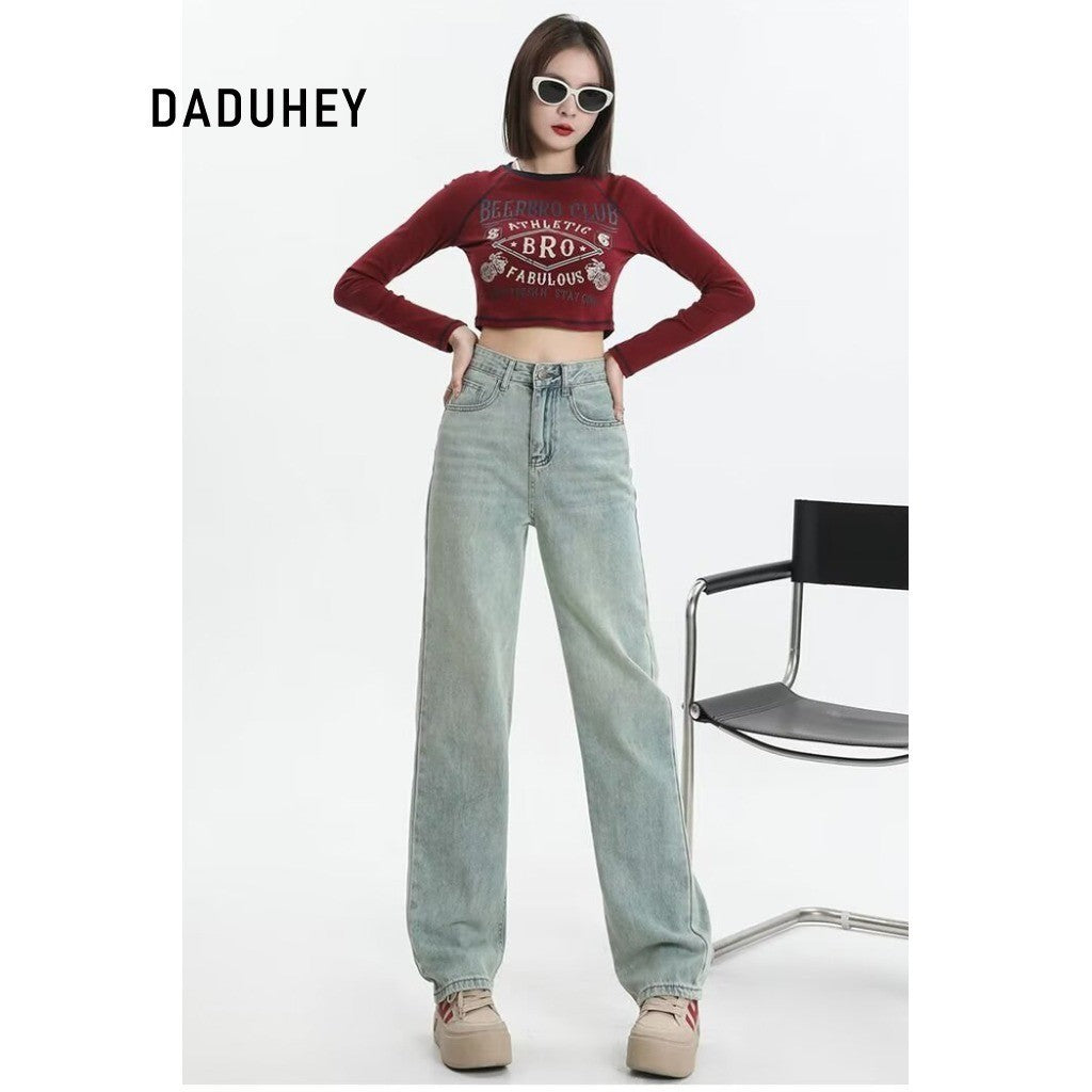 DaDuHey DaDuHey Embroidery Contrast Color Design Sense High Waist Hip Lift Slimming and Straight Loose Jeans for Women