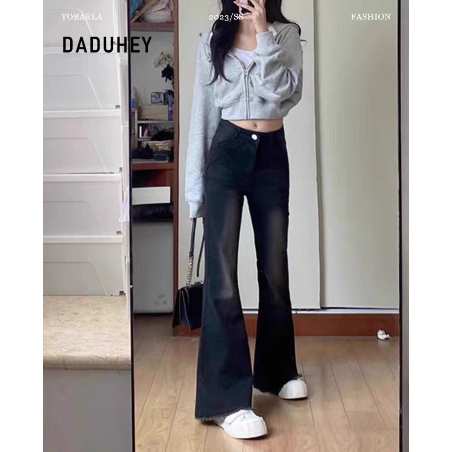 DADUHEY Black Grey High-Waist Wide-Leg Mop Jeans Women | Retro Loose Fit