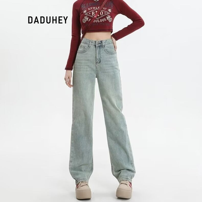 DaDuHey DaDuHey Embroidery Contrast Color Design Sense High Waist Hip Lift Slimming and Straight Loose Jeans for Women