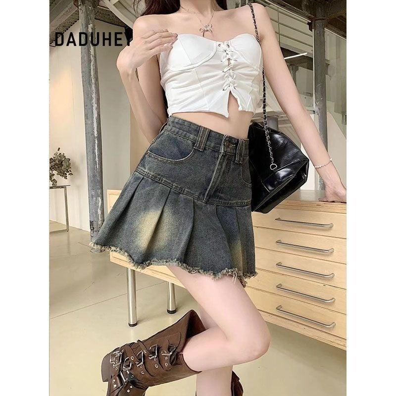 DADUHEY Blue Raw-Edge Denim Pleated Skirt Women | High-Waist A-Line