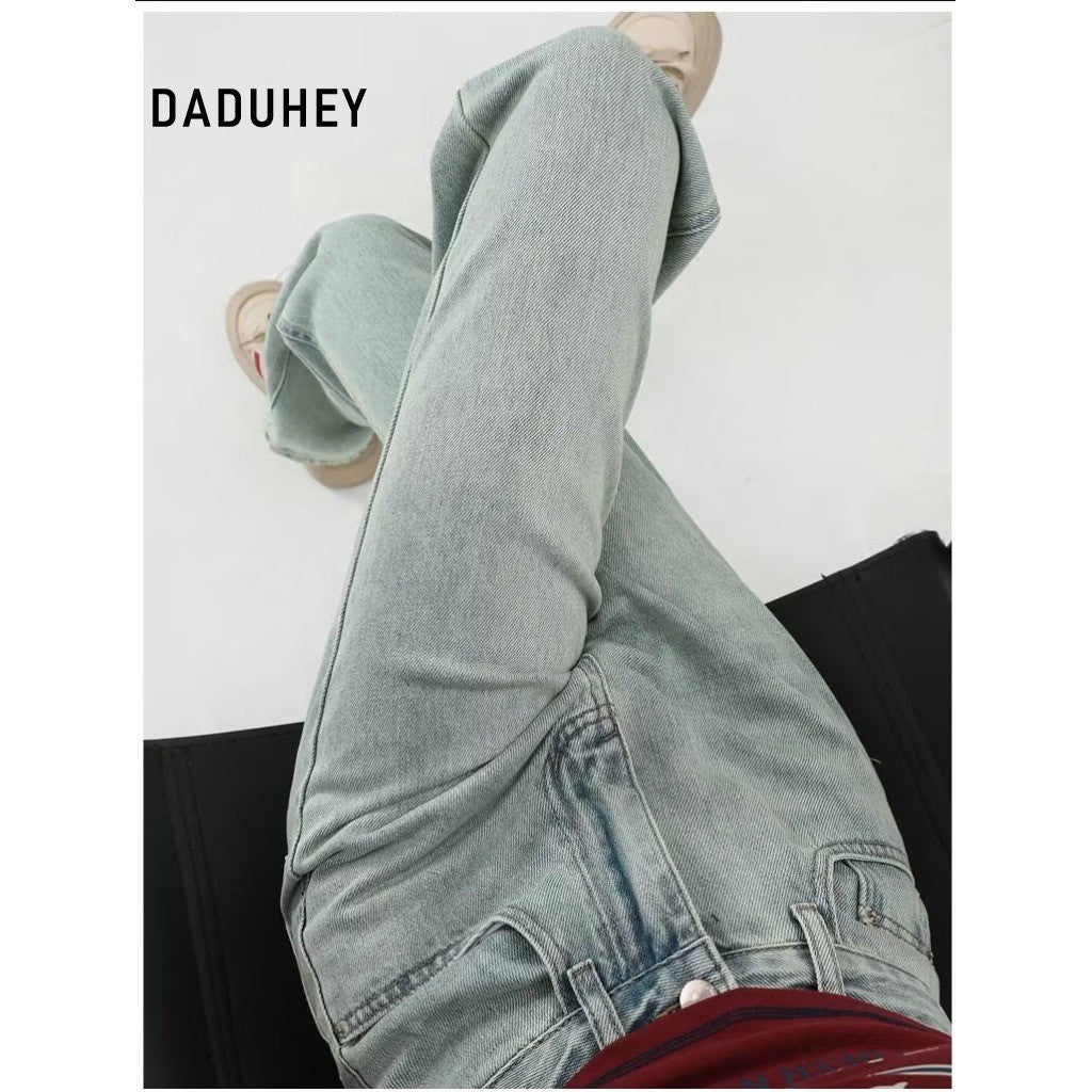 DaDuHey DaDuHey Embroidery Contrast Color Design Sense High Waist Hip Lift Slimming and Straight Loose Jeans for Women