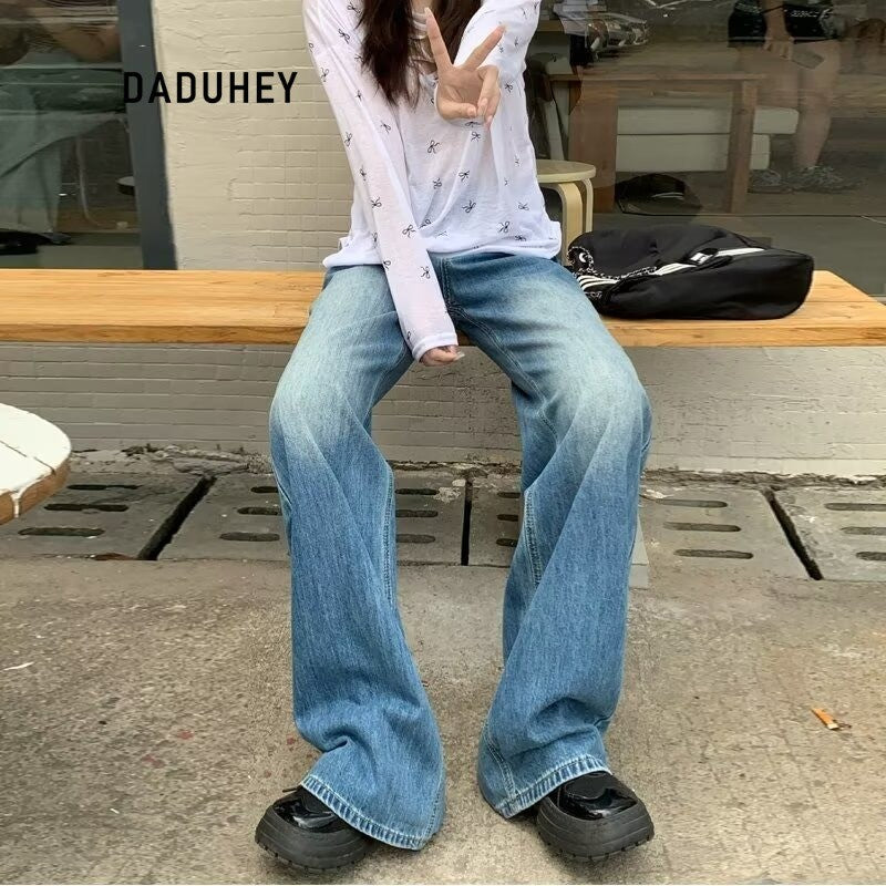 DADUHEY Straight Wide-Leg Mop Jeans Women | High-Waist Loose Fit