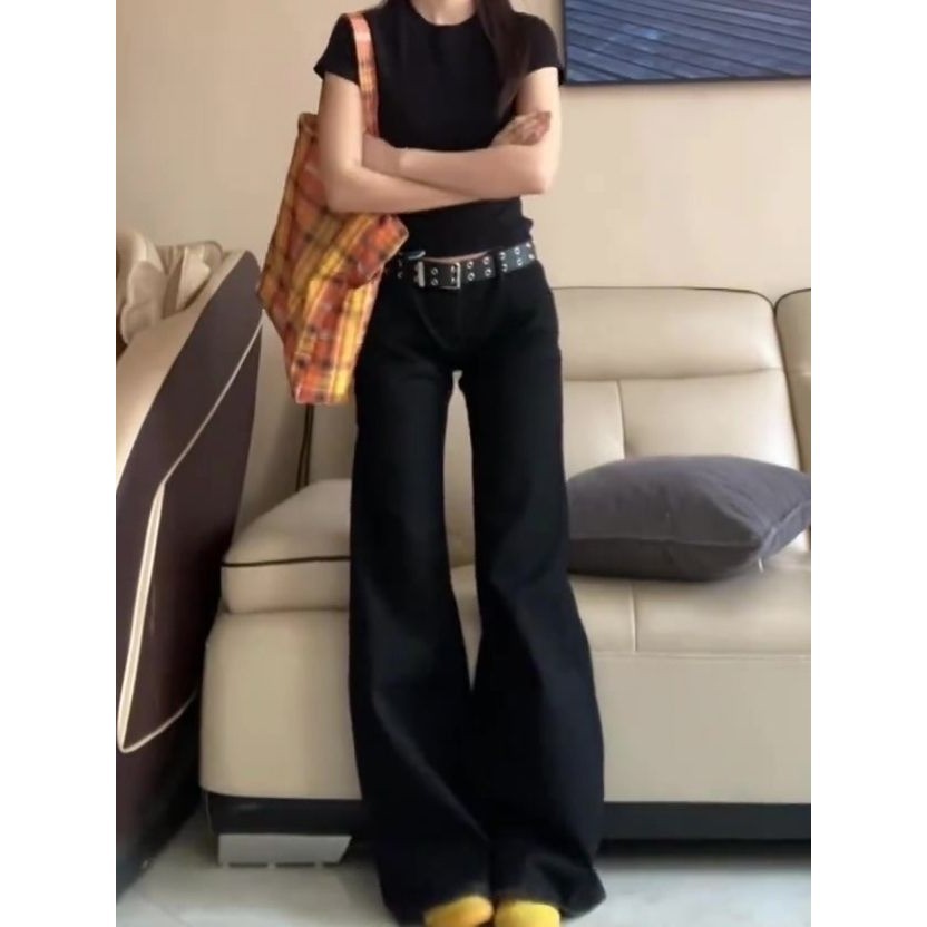 DADUHEY Black High-Waist Wide-Leg Mop Jeans Women | 840