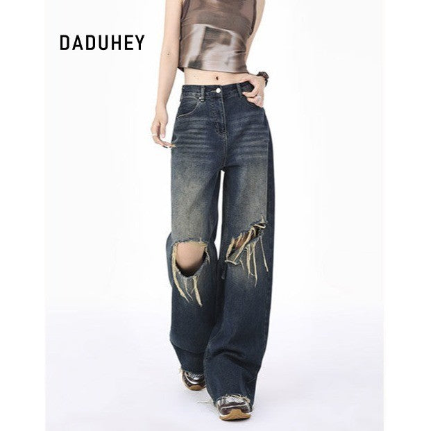 DADUHEY Blue Ultra-Thin Wide-Leg Jeans Women | Ripped Slimming Denim