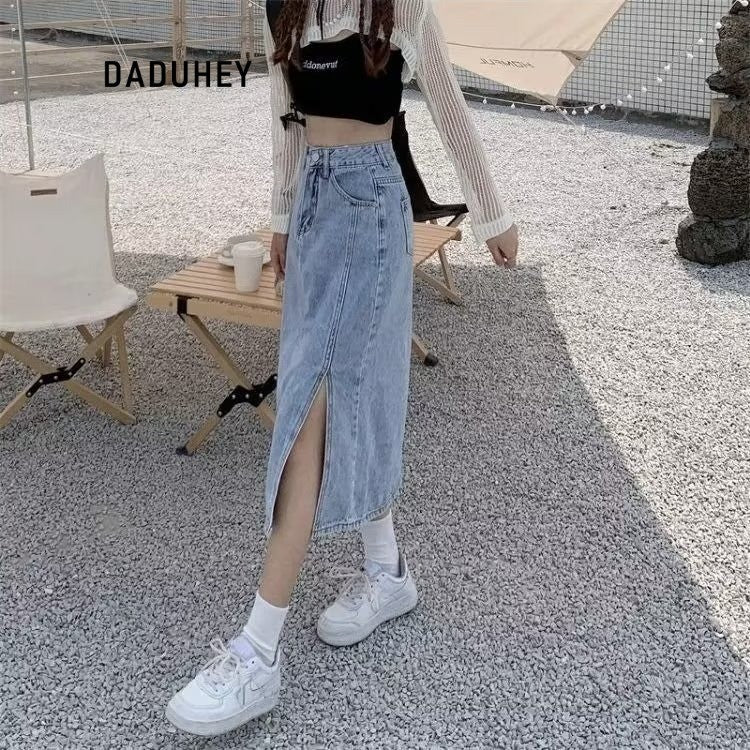 DADUHEY High-Waist Denim Skirt Women | Split Mid-Length Sheath